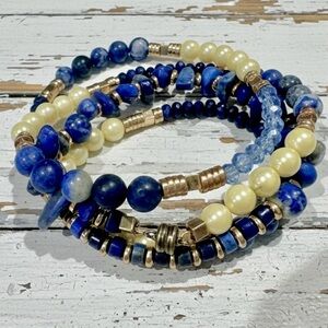 Chunky Mother of Pearl, Lapis Lazuli & Gold Hematite Triple Wrap Bracelet